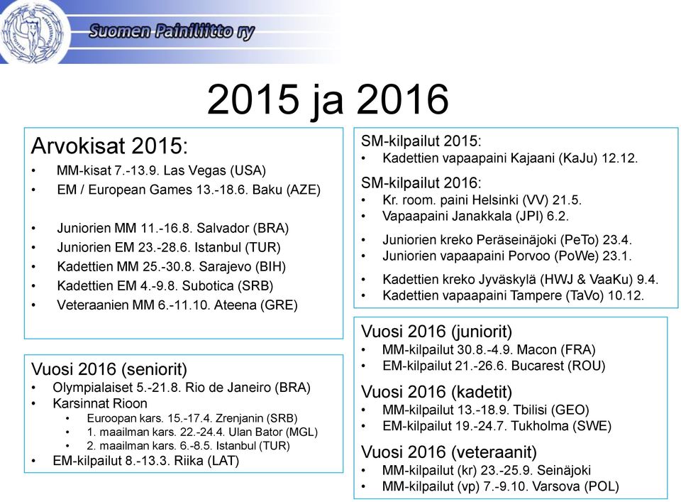 maailman kars. 22.-24.4. Ulan Bator (MGL) 2. maailman kars. 6.-8.5. Istanbul (TUR) EM-kilpailut 8.-13.3. Riika (LAT) SM-kilpailut 2015: Kadettien vapaapaini Kajaani (KaJu) 12.12. SM-kilpailut 2016: Kr.