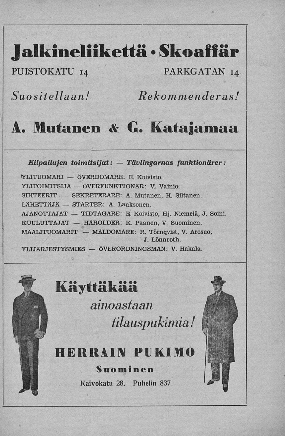 SIHTEERIT A. Mutanen, H. Siltanen LÄHETTÄJÄ A. Laaksonen. AJANOTTAJAT E- Koivisto, Hj. Niemelä, J. Soini. KUULUTTAJAT K. Paanen, V.