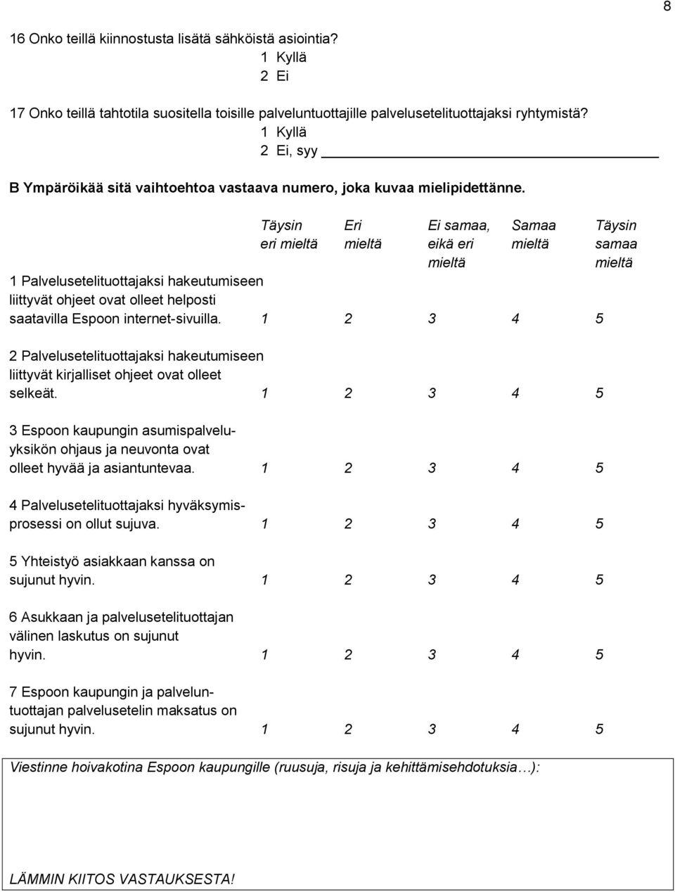 Täysin Eri Ei samaa, Samaa Täysin eri mieltä mieltä eikä eri mieltä samaa mieltä mieltä 1 Palvelusetelituottajaksi hakeutumiseen liittyvät ohjeet ovat olleet helposti saatavilla Espoon