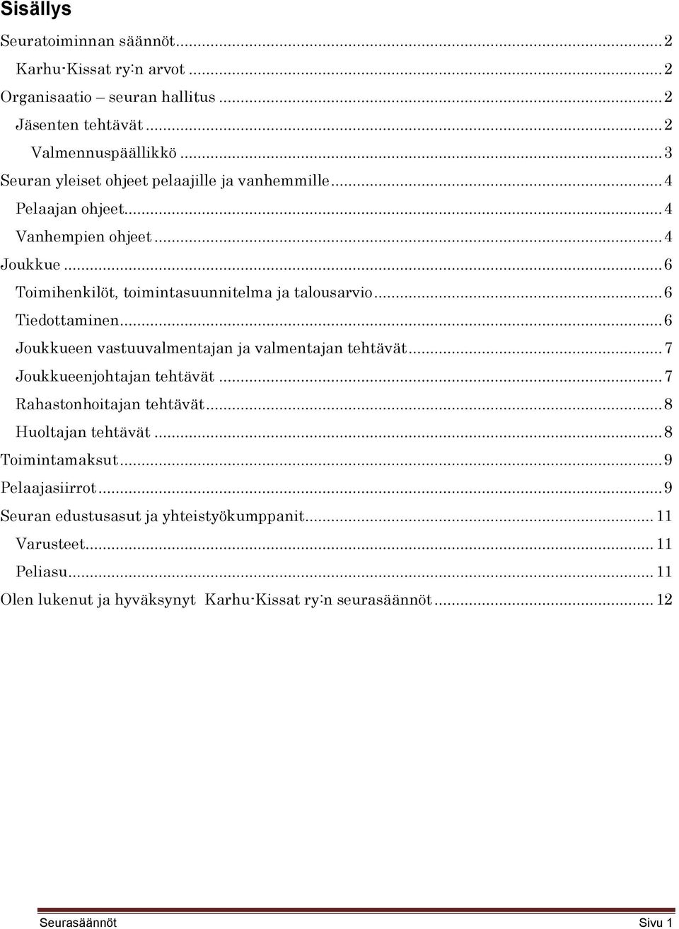 .. 6 Tiedottaminen... 6 Joukkueen vastuuvalmentajan ja valmentajan tehtävät... 7 Joukkueenjohtajan tehtävät... 7 Rahastonhoitajan tehtävät... 8 Huoltajan tehtävät.