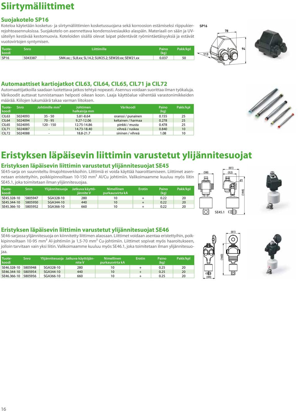 Koteloiden sisällä olevat laipat pidentävät ryömintäetäisyyksiä ja estävät vuotovirtojen syntymisen. Liittimille SP16 5043387 SM4.xx; ; SL8.xx; SL14.2; SLW25.2; SEW20.xx; SEW21.xx 0.