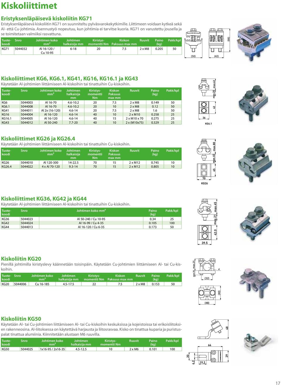 koko KG71 5044032 Al 16-120 / Cu 10-95 halkaisija Kiskon Paksuus max Ruuvit 6-18 20 7.5 2 x M8 0.205 50 Kiskoliittimet KG6, KG6.1, KG41, KG16, KG16.