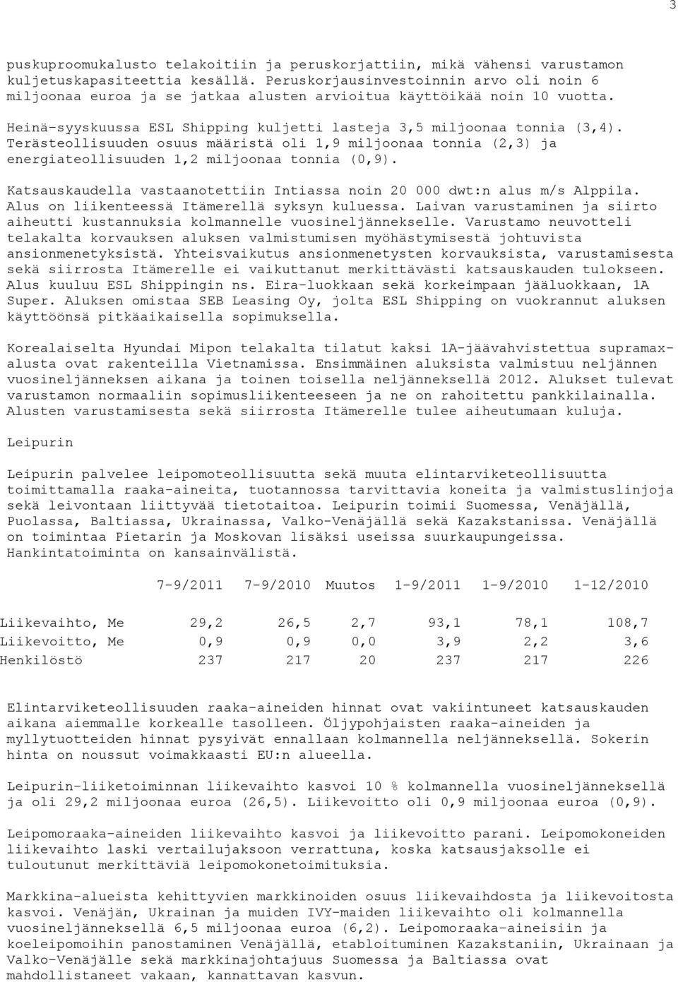 Terästeollisuuden osuus määristä oli 1,9 miljoonaa tonnia (2,3) ja energiateollisuuden 1,2 miljoonaa tonnia (0,9). Katsauskaudella vastaanotettiin Intiassa noin 20 000 dwt:n alus m/s Alppila.