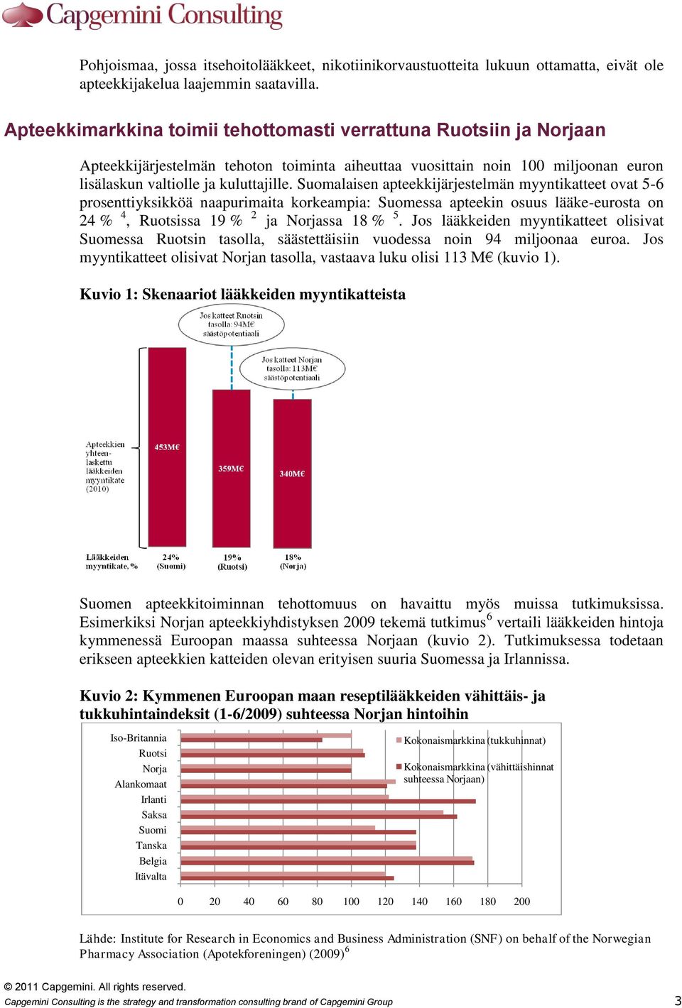 Suomalaisen apteekkijärjestelmän myyntikatteet ovat 5-6 prosenttiyksikköä naapurimaita korkeampia: Suomessa apteekin osuus lääke-eurosta on 24 % 4, Ruotsissa 19 % 2 ja Norjassa 18 % 5.