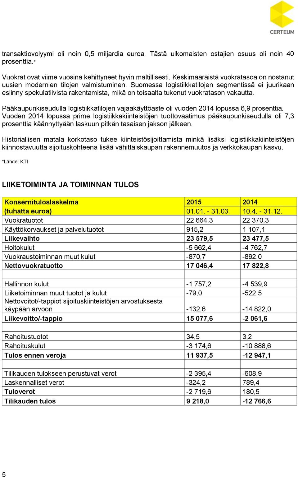 Suomessa logistiikkatilojen segmentissä ei juurikaan esiinny spekulatiivista rakentamista, mikä on toisaalta tukenut vuokratason vakautta.