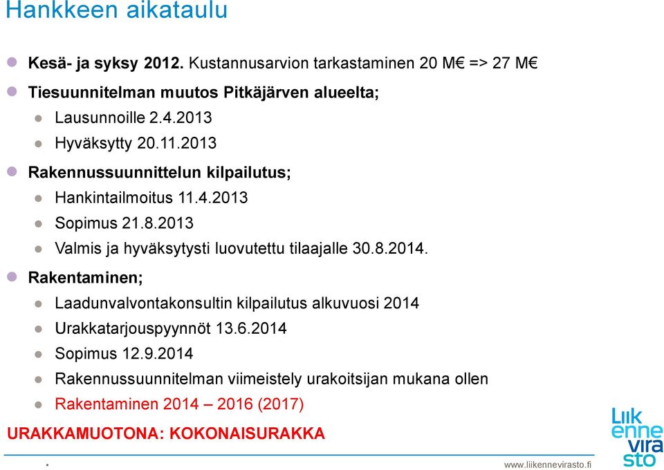 2013 Rakennussuunnittelun kilpailutus; Hankintailmoitus 11.4.2013 Sopimus 21.8.2013 Valmis ja hyväksytysti luovutettu tilaajalle 30.8.2014.