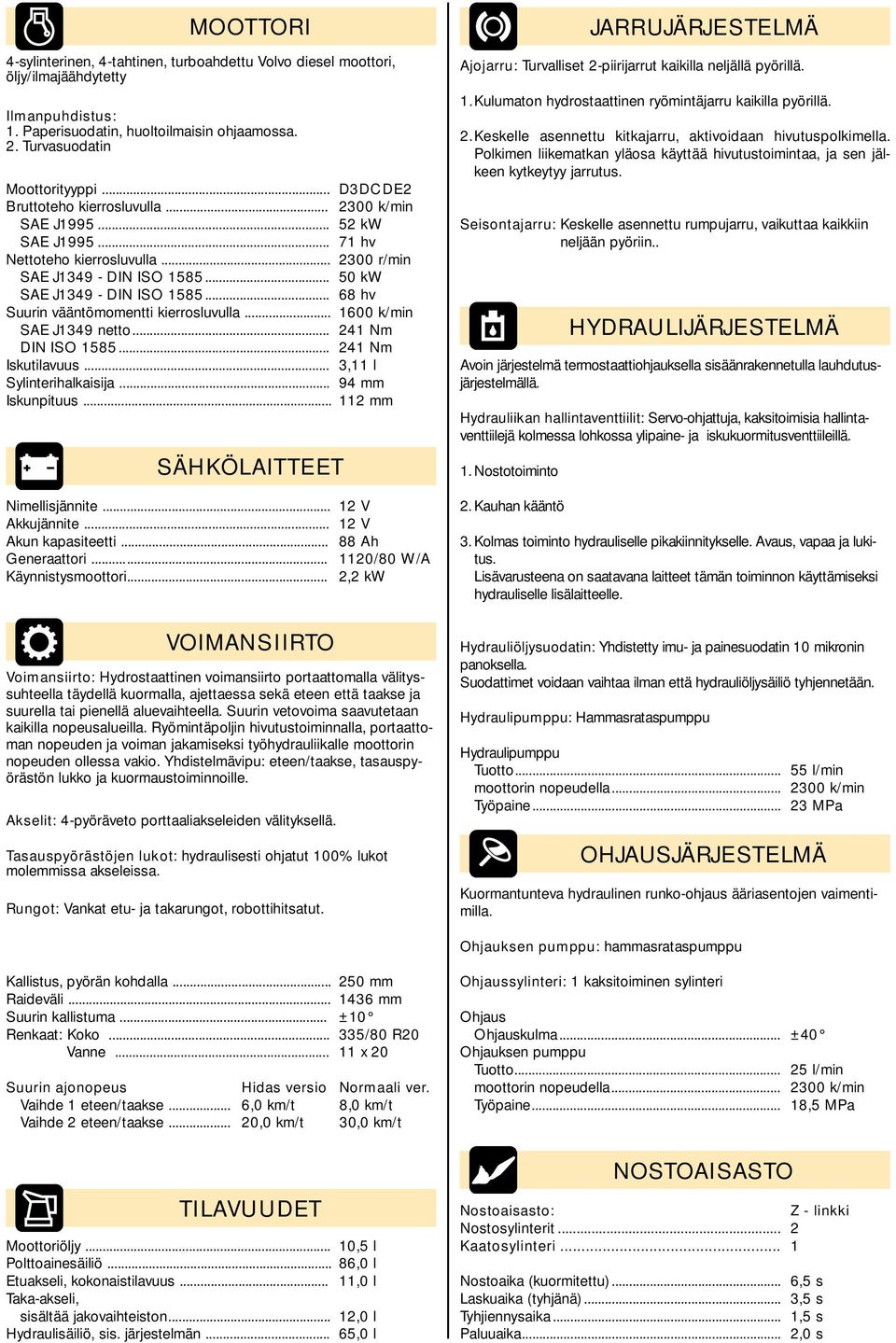 .. DIN ISO 1585... Iskutilavuus... Sylinterihalkaisija... Iskunpituus... SÄHKÖLAITTEET Nimellisjännite... Akkujännite... Akun kapasiteetti... Generaattori... Käynnistysmoottori.