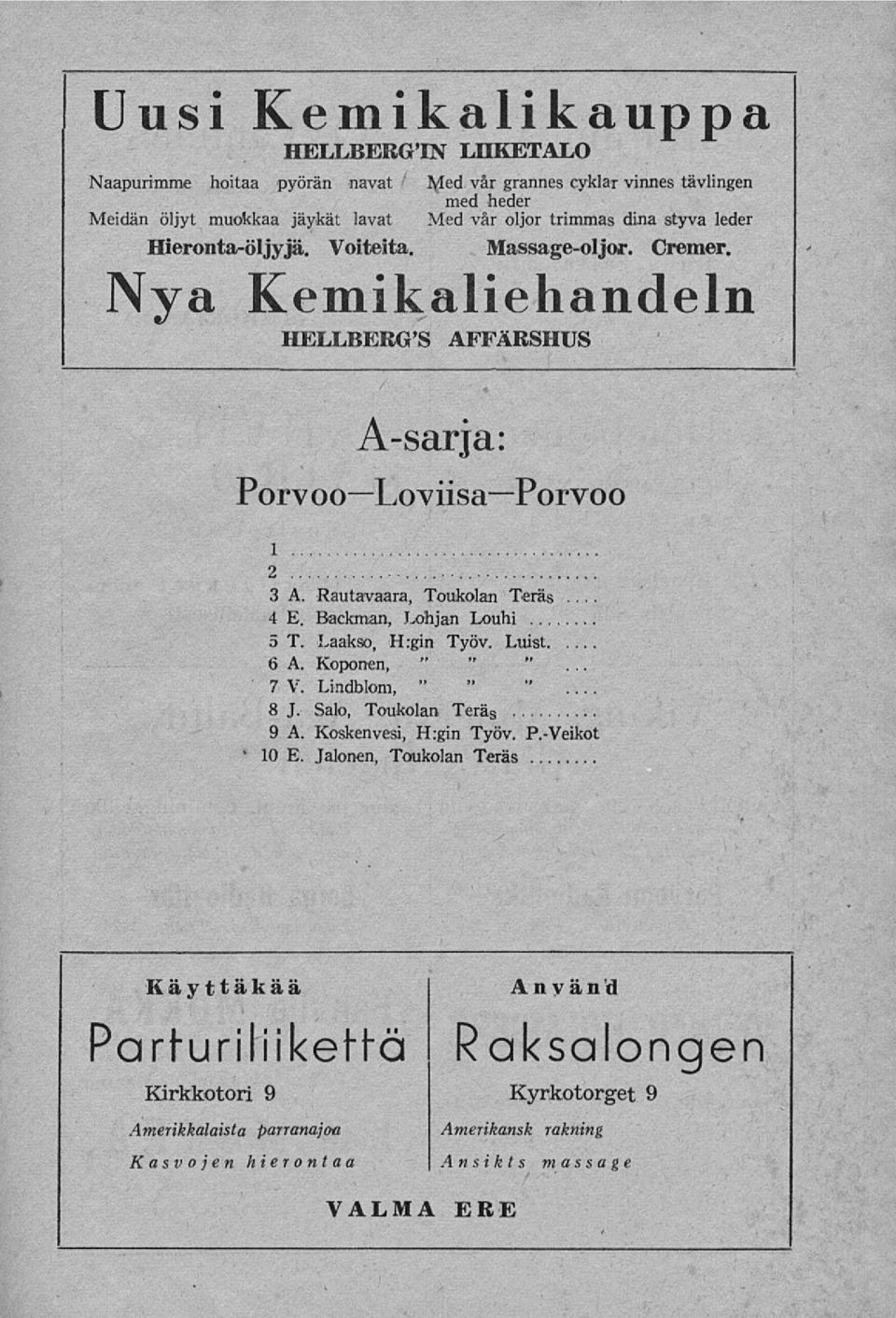 Backman, Lohjan Louhi 5 T. Laakso, H:gin Työv. Luist 6A. Koponen, " " " 7V. Lindblom, " " " 8 J, Salo, Toukolan Teräs 9 A. Koskenvesi, H:gin Työv. P.-Veikot 10 E.
