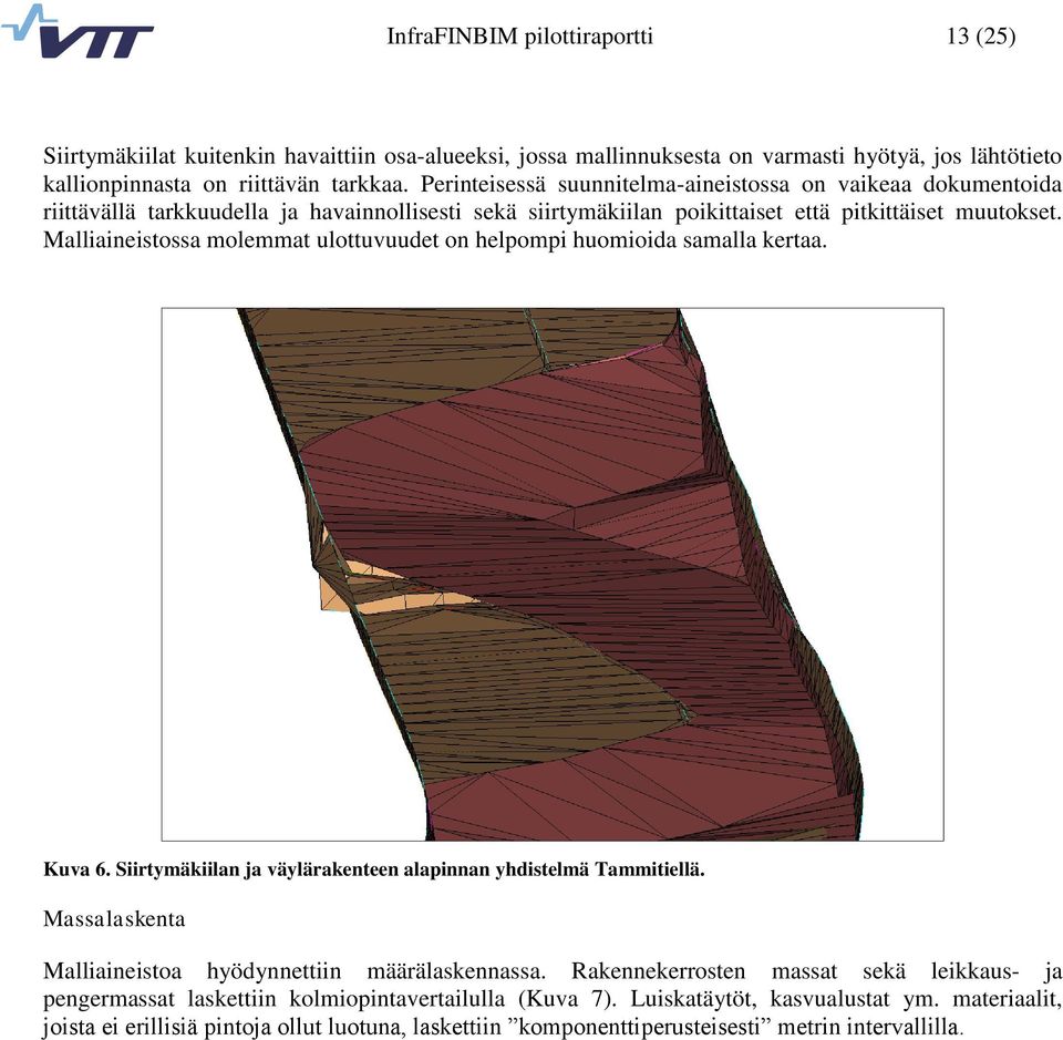 Malliaineistossa molemmat ulottuvuudet on helpompi huomioida samalla kertaa. Kuva 6. Siirtymäkiilan ja väylärakenteen alapinnan yhdistelmä Tammitiellä.