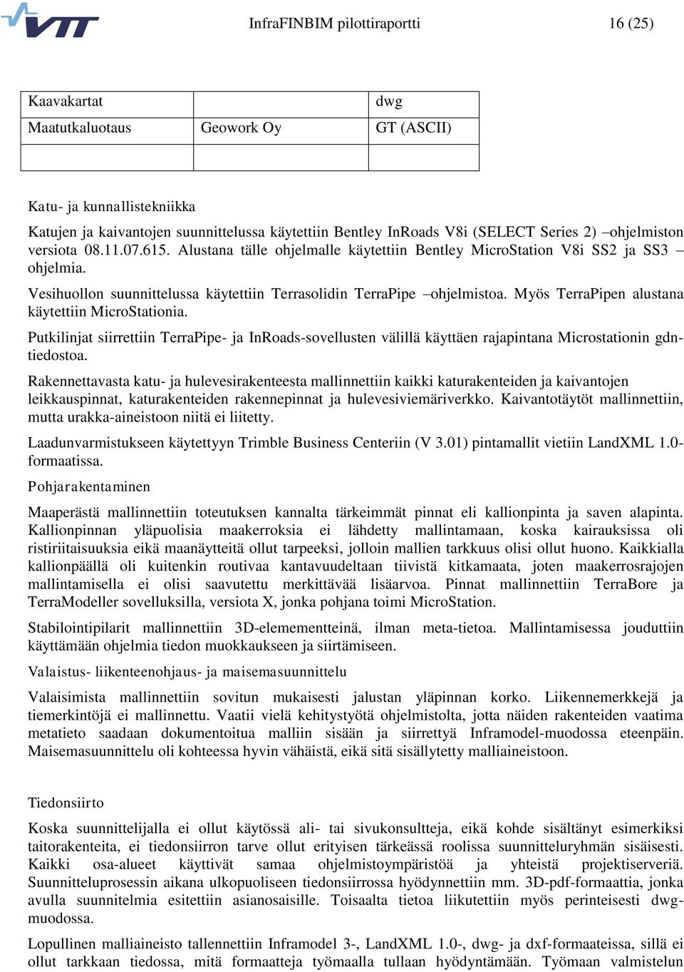 Vesihuollon suunnittelussa käytettiin Terrasolidin TerraPipe ohjelmistoa. Myös TerraPipen alustana käytettiin MicroStationia.