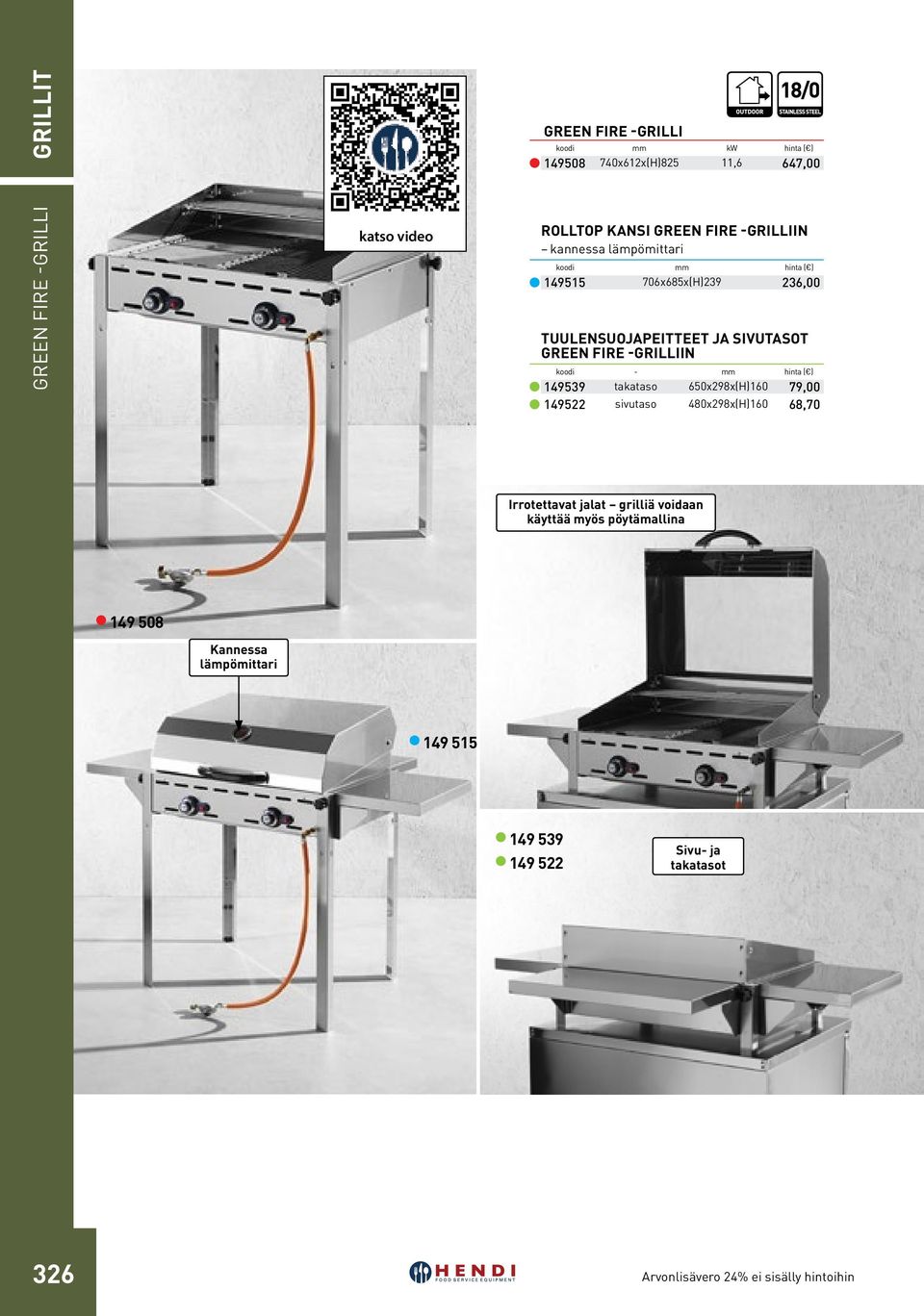 -grilliin koodi - mm 149539 takataso 650x298x(H)160 79,00 149522 sivutaso 480x298x(H)160 68,70 Irrotettavat jalat