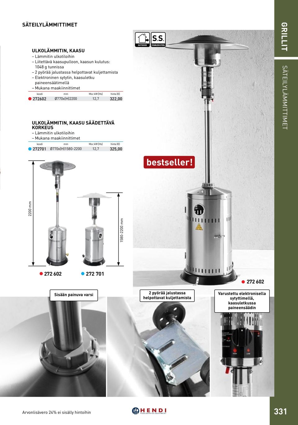 säädettävä korkeus Lämmitin ulkotiloihin Mukana maakiinnittimet Moc kw [Hs] Ø770x(H)1580-2200 12,7 272701 325,00 Grillit säteilylämmittimet 1580-2200 mm