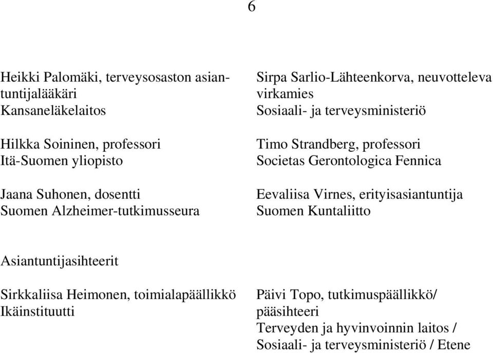 professori Societas Gerontologica Fennica Eevaliisa Virnes, erityisasiantuntija Suomen Kuntaliitto Asiantuntijasihteerit Sirkkaliisa