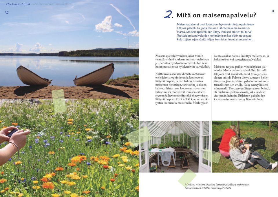 Maisemapalvelut voidaan jakaa toimintaympäristönsä mukaan kulttuurimaisemaa ja -perintöä hyödyntäviin palveluihin sekäluonnonmaisemaa hyödyntäviin palveluihin.