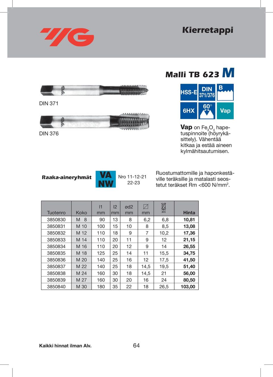 Hinta 3850830 M 8 90 13 8 6,2 6,8 10,81 3850831 M 10 100 15 10 8 8,5 13,08 3850832 M 12 110 18 9 7 10,2 17,36 3850833 M 14 110 20 11 9 12 21,15 3850834 M 16 110 20 12