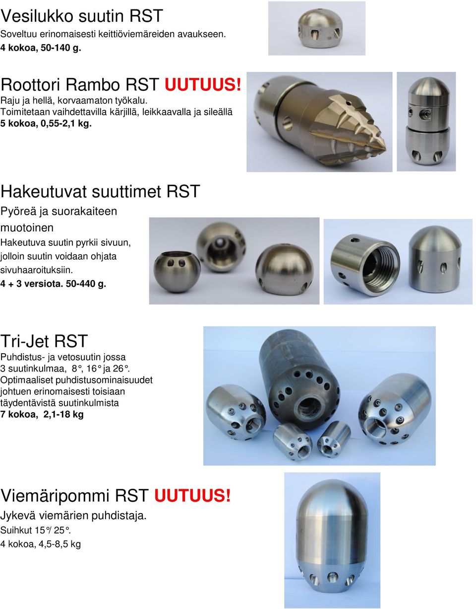 Hakeutuvat suuttimet RST Pyöreä ja suorakaiteen muotoinen Hakeutuva suutin pyrkii sivuun, jolloin suutin voidaan ohjata sivuhaaroituksiin. 4 + 3 versiota. 50-440 g.