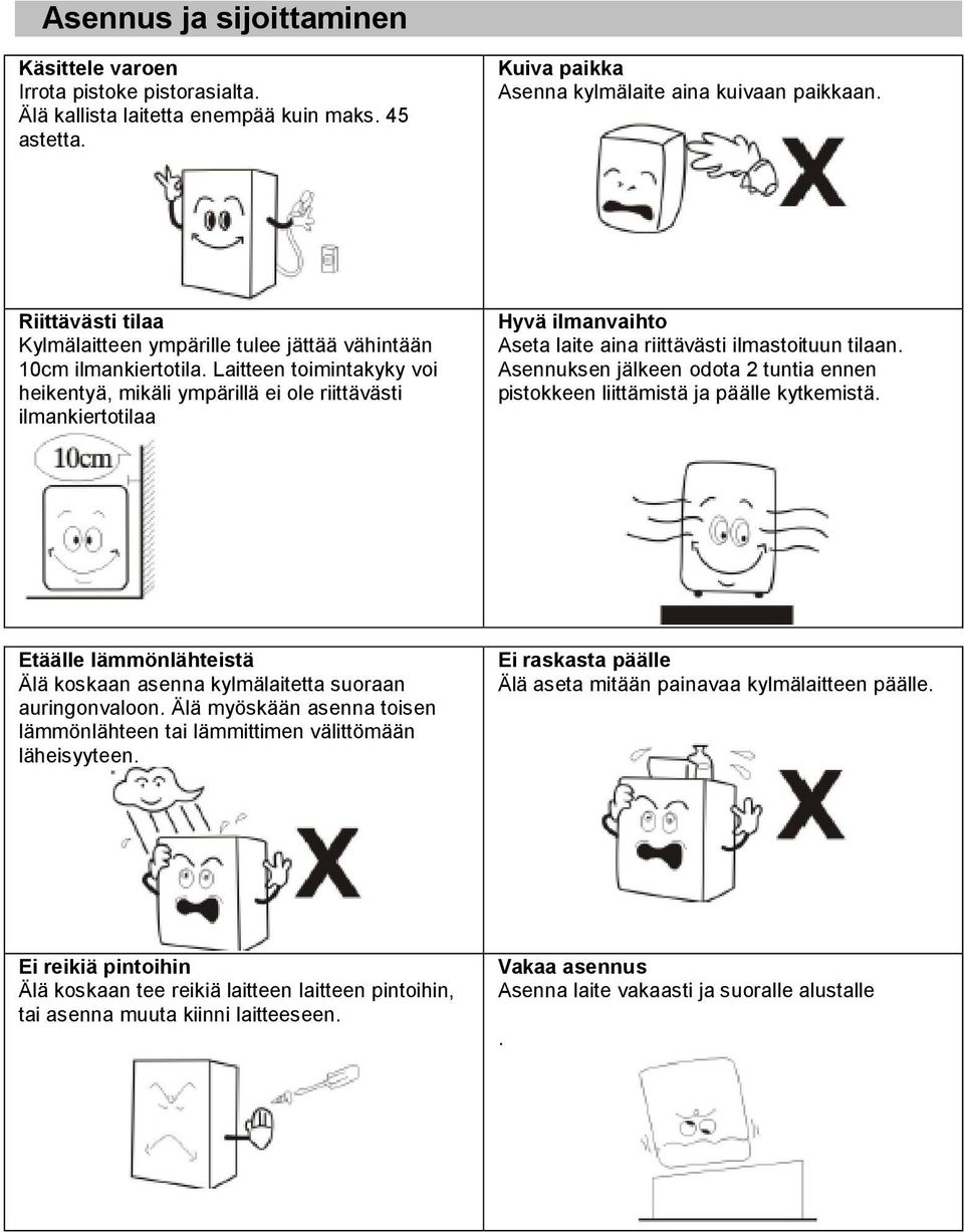 Laitteen toimintakyky voi heikentyä, mikäli ympärillä ei ole riittävästi ilmankiertotilaa Hyvä ilmanvaihto Aseta laite aina riittävästi ilmastoituun tilaan.