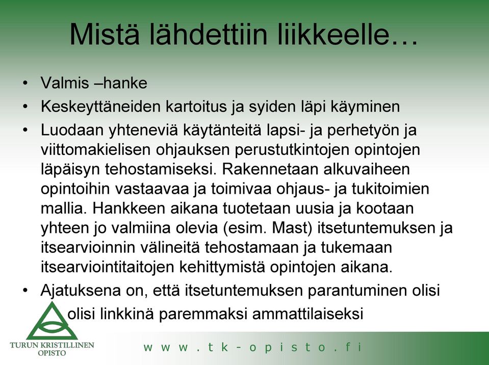 Rakennetaan alkuvaiheen opintoihin vastaavaa ja toimivaa ohjaus- ja tukitoimien mallia.