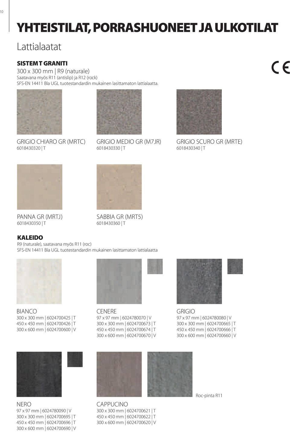 CHIARO GR (MRTC) 6018430320 T MEDIO GR (M7JR) 6018430330 T SCURO GR (MRTE) 6018430340 T PANNA GR (MRTJ) 6018430350 T SABBIA GR (MRT5) 6018430360 T KALEIDO R9 (naturale), saatavana myös R11 (roc)