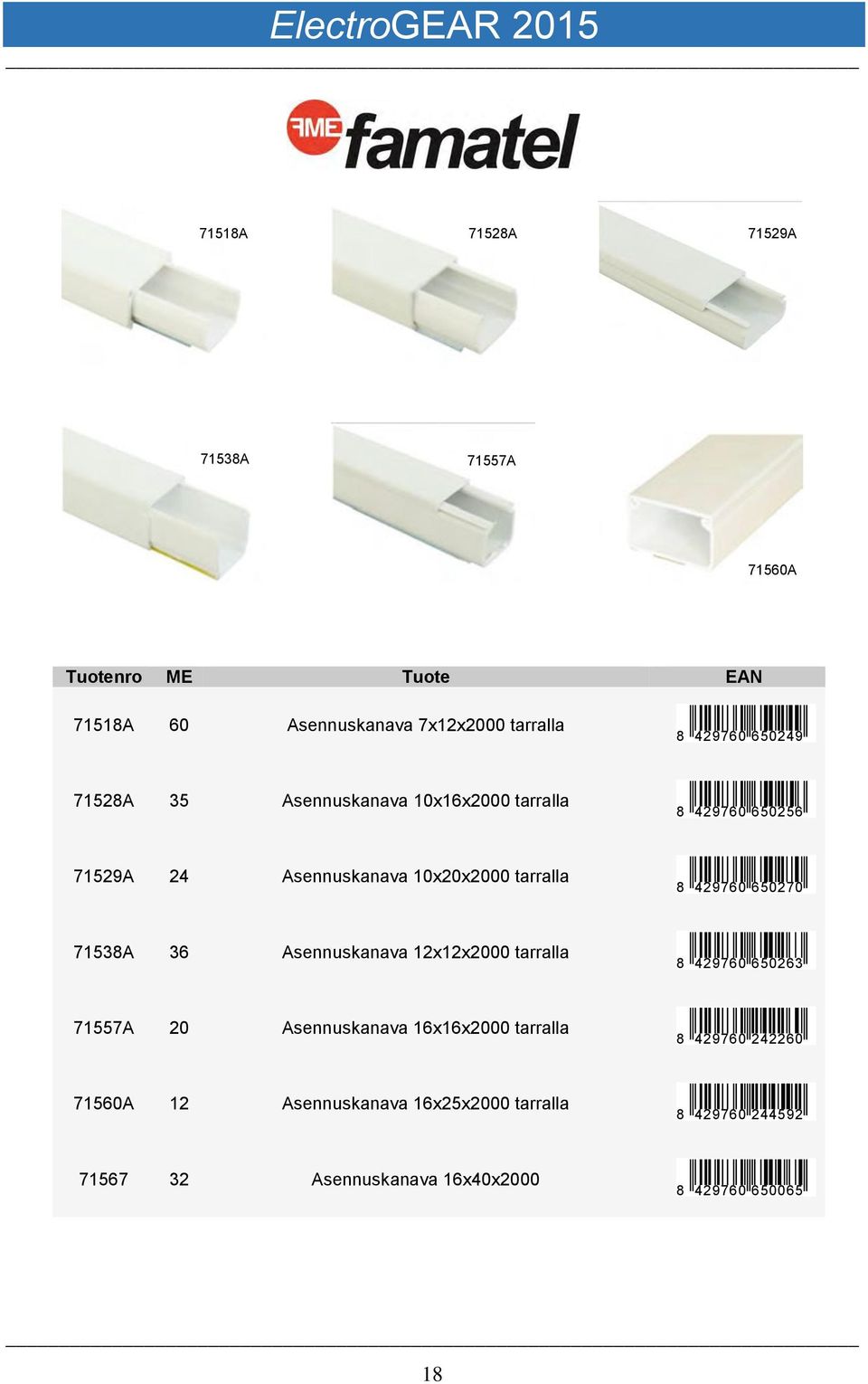 71538A 36 Asennuskanava 12x12x2000 tarralla 8 429760 650263 71557A 20 Asennuskanava 16x16x2000 tarralla 8 429760