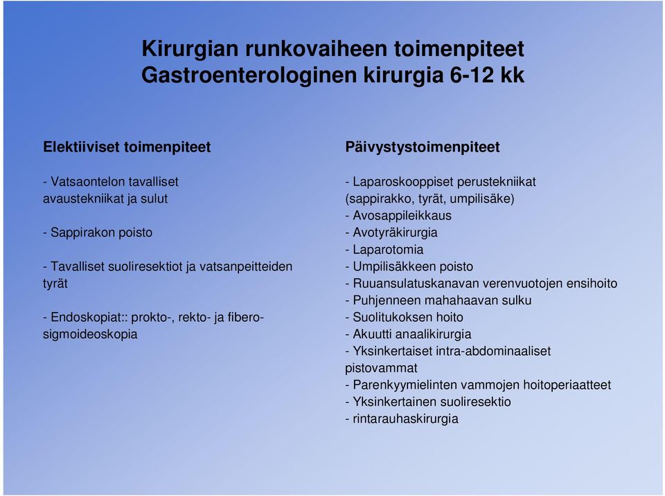 Avotyräkirurgia - Laparotomia - Umpilisäkkeen poisto - Ruuansulatuskanavan verenvuotojen ensihoito - Puhjenneen mahahaavan sulku - Suolitukoksen hoito -