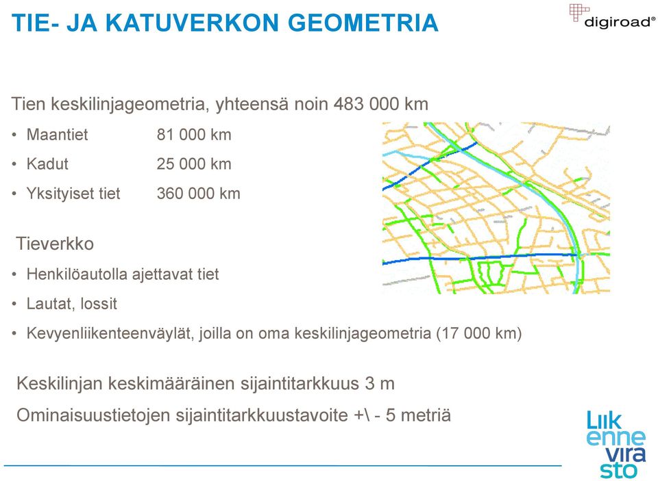 Lautat, lossit Kevyenliikenteenväylät, joilla on oma keskilinjageometria (17 000 km)