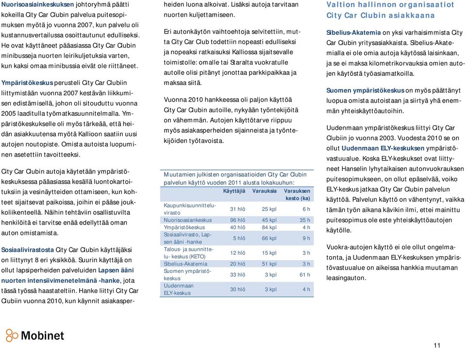 Ympäristökeskus perusteli City Car Clubiin liittymistään vuonna 2007 kestävän liikkumisen edistämisellä, johon oli sitouduttu vuonna 2005 laaditulla työmatkasuunnitelmalla.