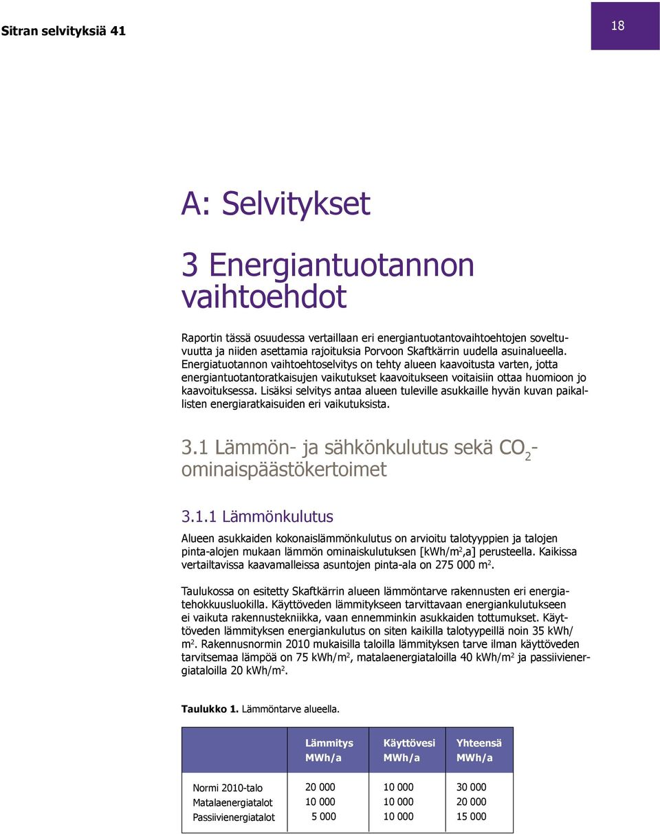 Lisäksi selvitys antaa alueen tuleville asukkaille hyvän kuvan paikallisten energiaratkaisuiden eri vaikutuksista. 3.1 