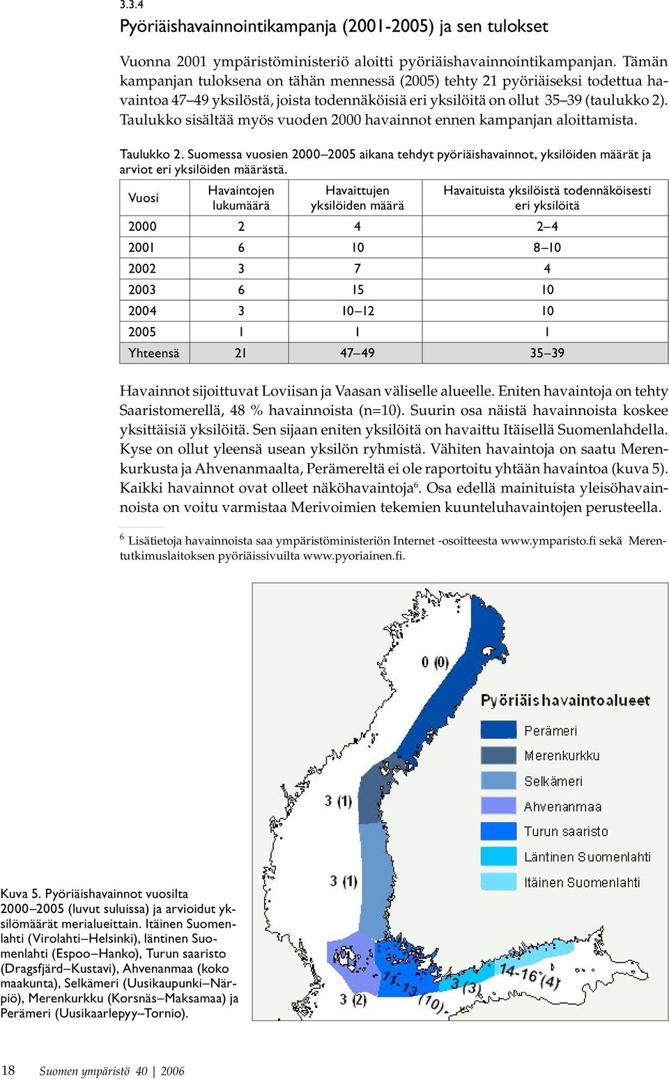 Taulukko sisältää myös vuoden 2000 havainnot ennen kampanjan aloittamista. Taulukko 2. Suomessa vuosien 2000 2005 aikana tehdyt pyöriäishavainnot, yksilöiden määrät ja arviot eri yksilöiden määrästä.