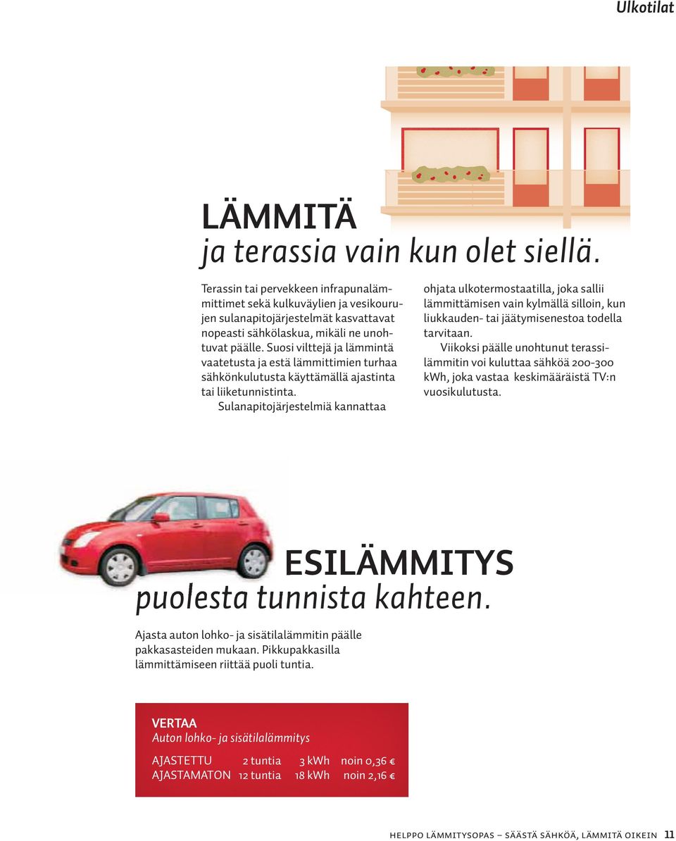 Suosi vilttejä ja lämmintä vaatetusta ja estä lämmittimien turhaa sähkönkulutusta käyttämällä ajastinta tai liiketunnistinta.