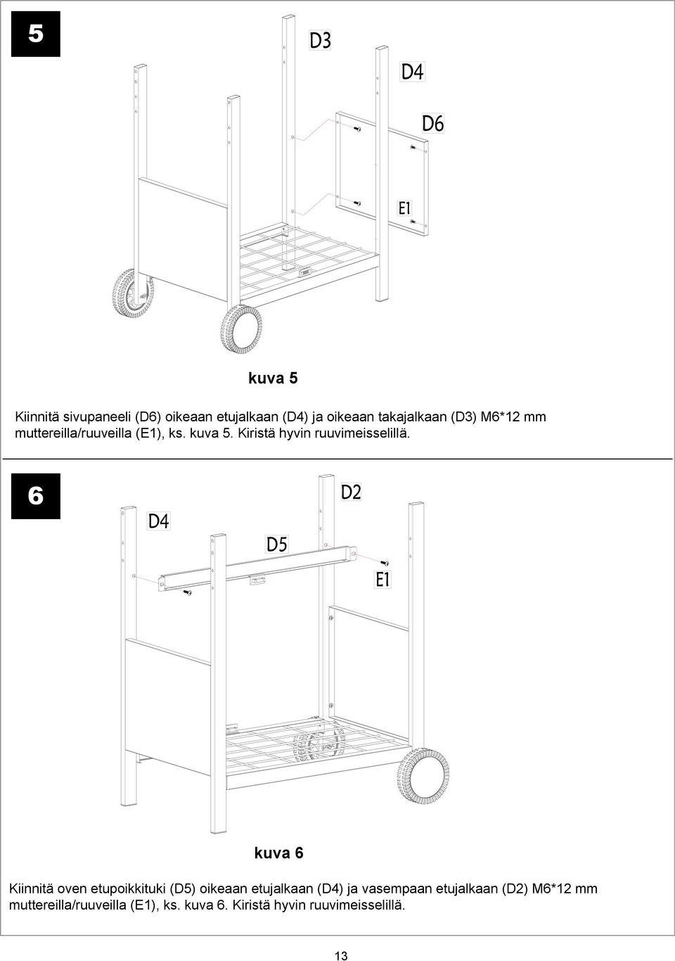 6 kuva 6 Kiinnitä oven etupoikkituki (D5) oikeaan etujalkaan (D4) ja vasempaan