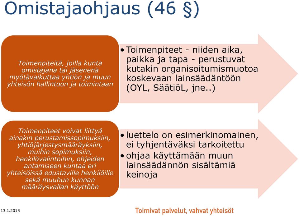 .) Toimenpiteet voivat liittyä ainakin perustamissopimuksiin, yhtiöjärjestysmääräyksiin, muihin sopimuksiin, henkilövalintoihin, ohjeiden antamiseen