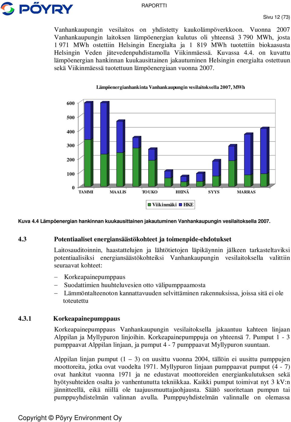 jätevedenpuhdistamolla Viikinmäessä. Kuvassa 4.4. on kuvattu lämpöenergian hankinnan kuukausittainen jakautuminen Helsingin energialta ostettuun sekä Viikinmäessä tuotettuun lämpöenergiaan vuonna 2007.