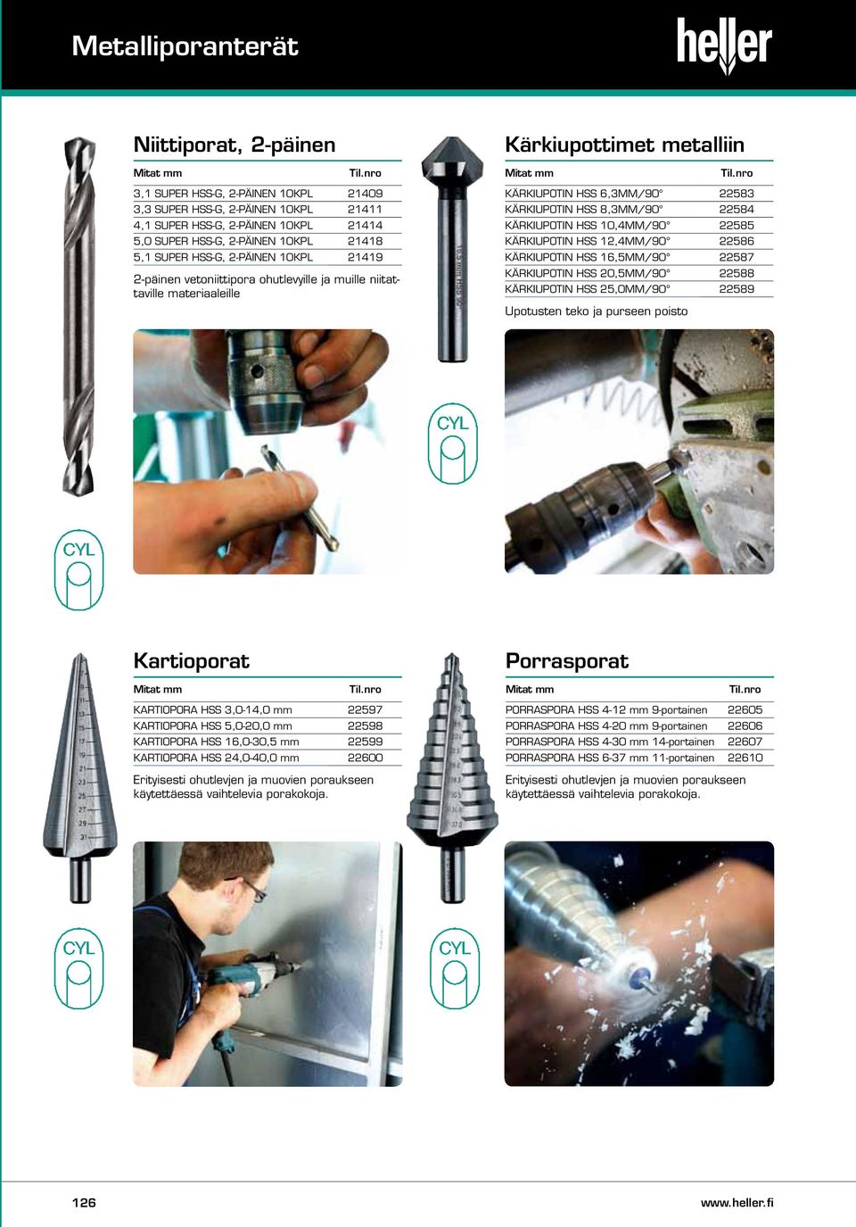 KÄRKIUPOTIN HSS 10,4MM/90 22585 KÄRKIUPOTIN HSS 12,4MM/90 22586 KÄRKIUPOTIN HSS 16,5MM/90 22587 KÄRKIUPOTIN HSS 20,5MM/90 22588 KÄRKIUPOTIN HSS 25,0MM/90 22589 Upotusten teko ja purseen poisto