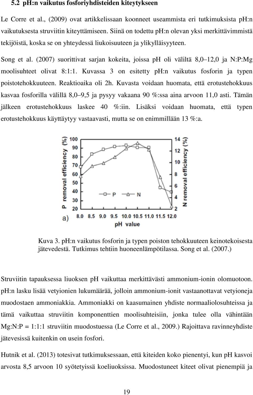(2007) suorittivat sarjan kokeita, joissa ph oli väliltä 8,0 12,0 ja N:P:Mg moolisuhteet olivat 8:1:1. Kuvassa 3 on esitetty ph:n vaikutus fosforin ja typen poistotehokkuuteen. Reaktioaika oli 2h.