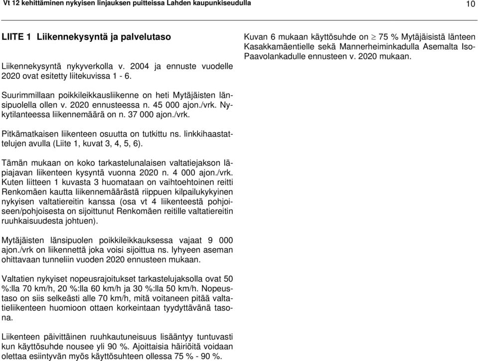 Kuvan 6 mukaan käyttösuhde on 75 % Mytäjäisistä länteen Kasakkamäentielle sekä Mannerheiminkadulla Asemalta Iso- Paavolankadulle ennusteen v. 2020 mukaan.