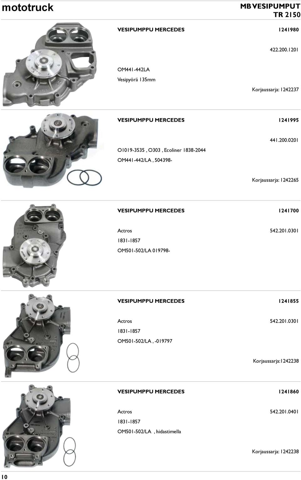 OM441-442/LA, 504398-441.200.0201 Korjaussarja: 1242265 VESIPUMPPU MERCEDES 1241700 Actros 542.201.0301 1831-1857 OM501-502/LA 019798- VESIPUMPPU MERCEDES 1241855 Actros 542.