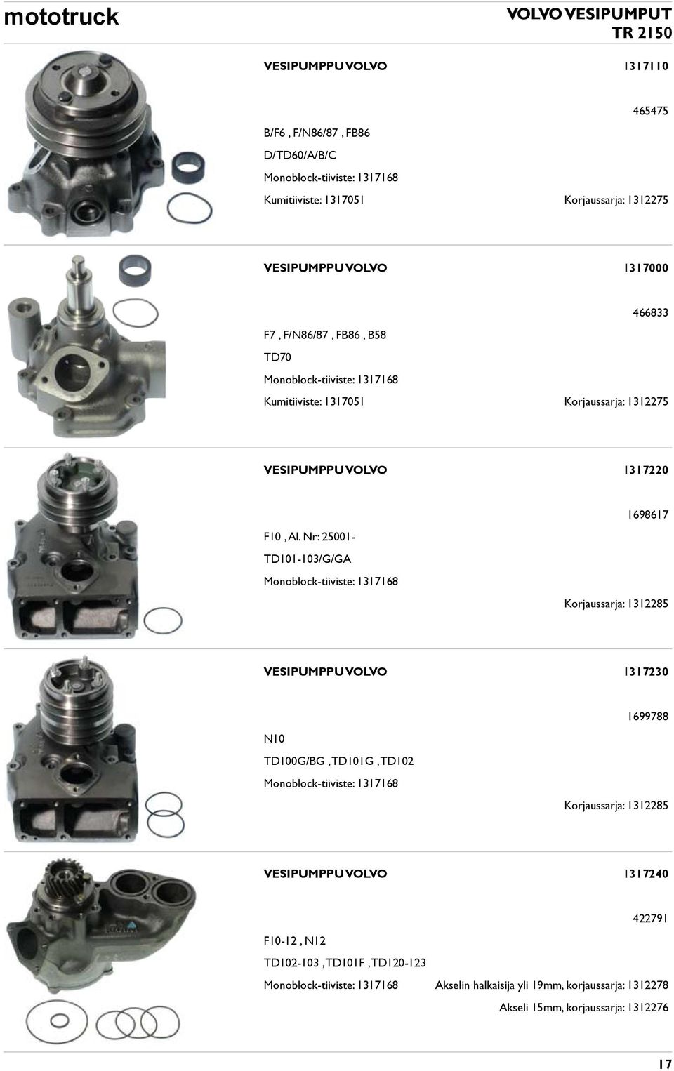 Nr: 25001- TD101-103/G/GA Monoblock-tiiviste: 1317168 Korjaussarja: 1312285 VESIPUMPPU VOLVO 1317230 1699788 N10 TD100G/BG, TD101G, TD102 Monoblock-tiiviste: 1317168