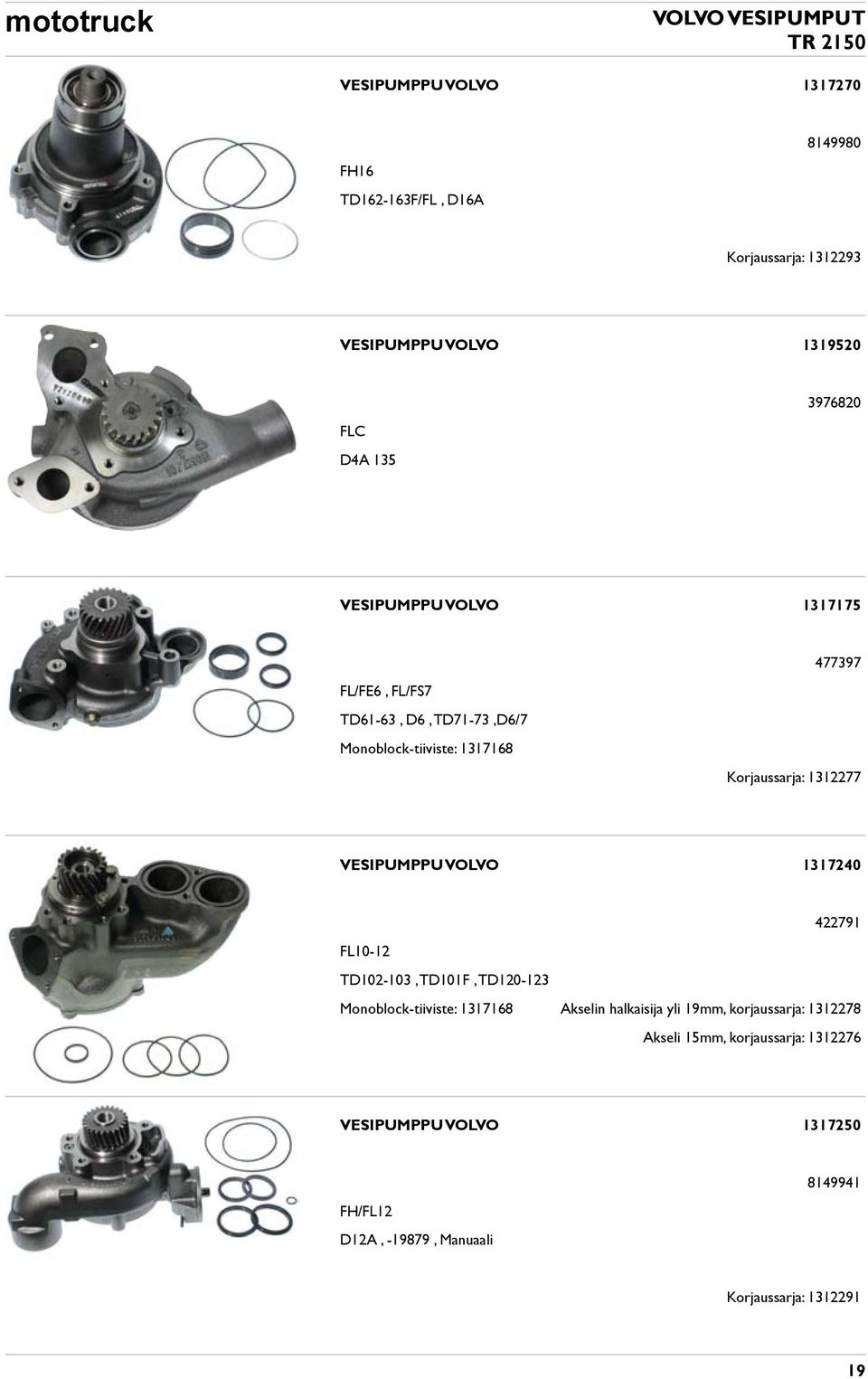 VESIPUMPPU VOLVO 1317240 422791 FL10-12 TD102-103, TD101F, TD120-123 Monoblock-tiiviste: 1317168 Akselin halkaisija yli 19mm,