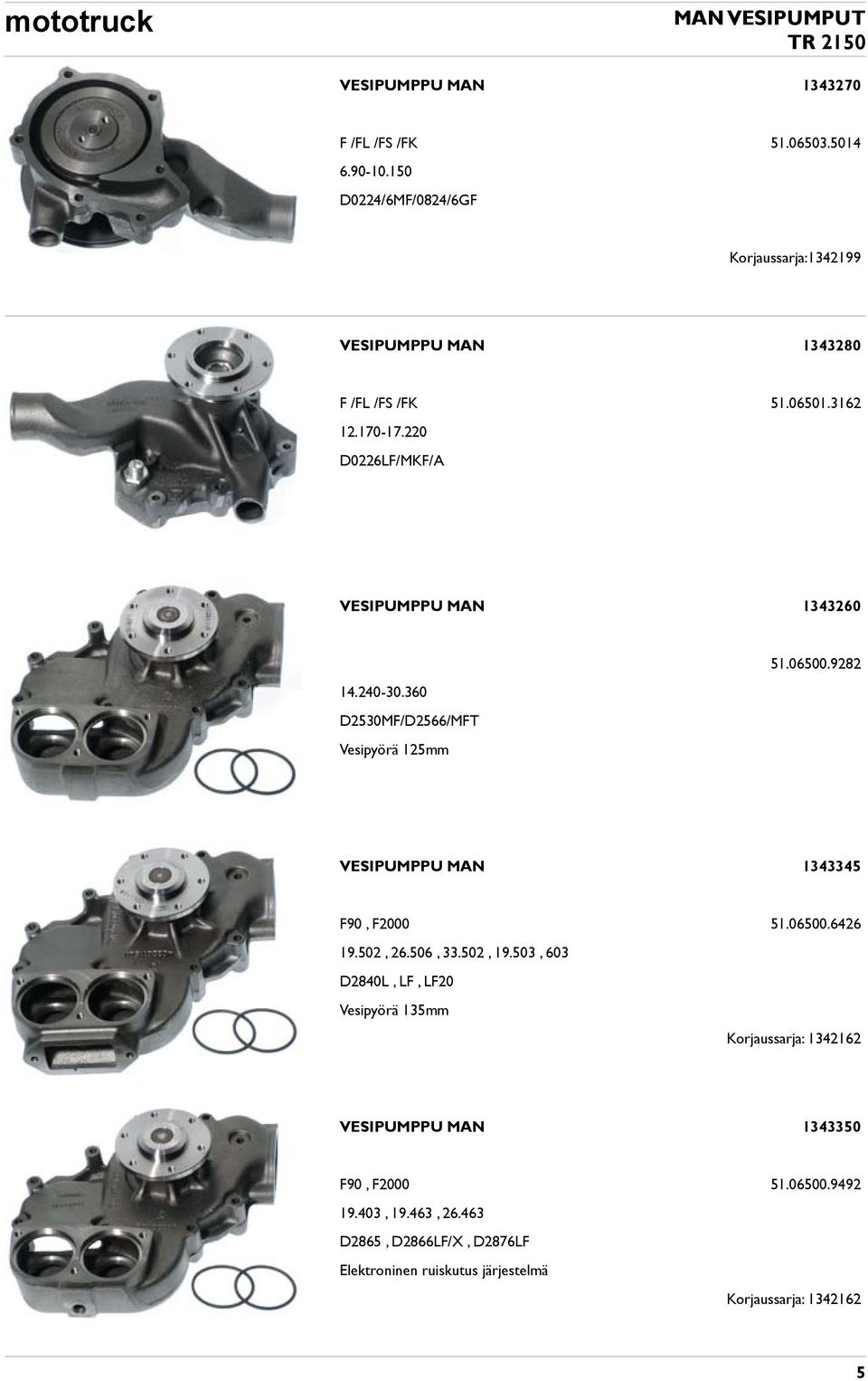 220 D0226LF/MKF/A VESIPUMPPU MAN 1343260 51.06500.9282 14.240-30.360 D2530MF/D2566/MFT Vesipyörä 125mm VESIPUMPPU MAN 1343345 F90, F2000 51.