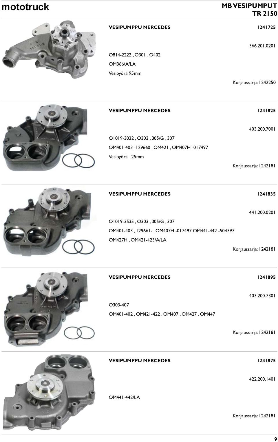 O1019-3535, O303, 305/G, 307 OM401-403, 129661-, OM407H -017497 OM441-442 -504397 OM427H, OM421-423/A/LA Korjaussarja: 1242181 VESIPUMPPU MERCEDES 1241895