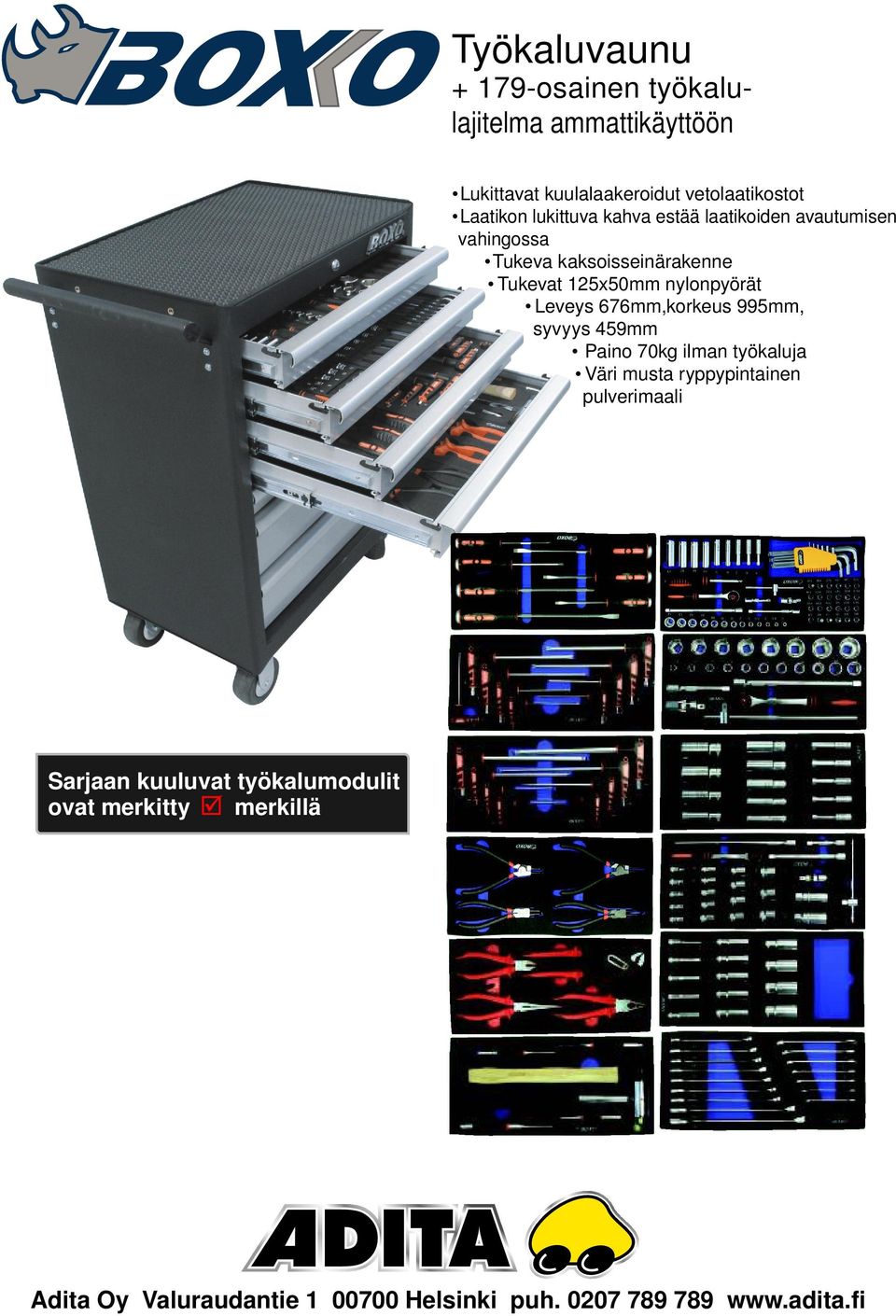 Leveys 676mm,korkeus 995mm, syvyys 459mm Paino 70kg ilman työkaluja Väri musta ryppypintainen pulverimaali Sarjaan