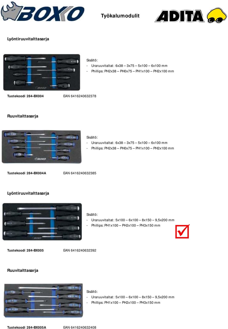 6416240632385 Lyöntiruuvitalttasarja - Uraruuvitaltat: 5x100 6x100 8x150 9,5x200 mm - Phillips: PH1x100 PH2x100 PH3x150 mm Tuotekoodi 284-BX005