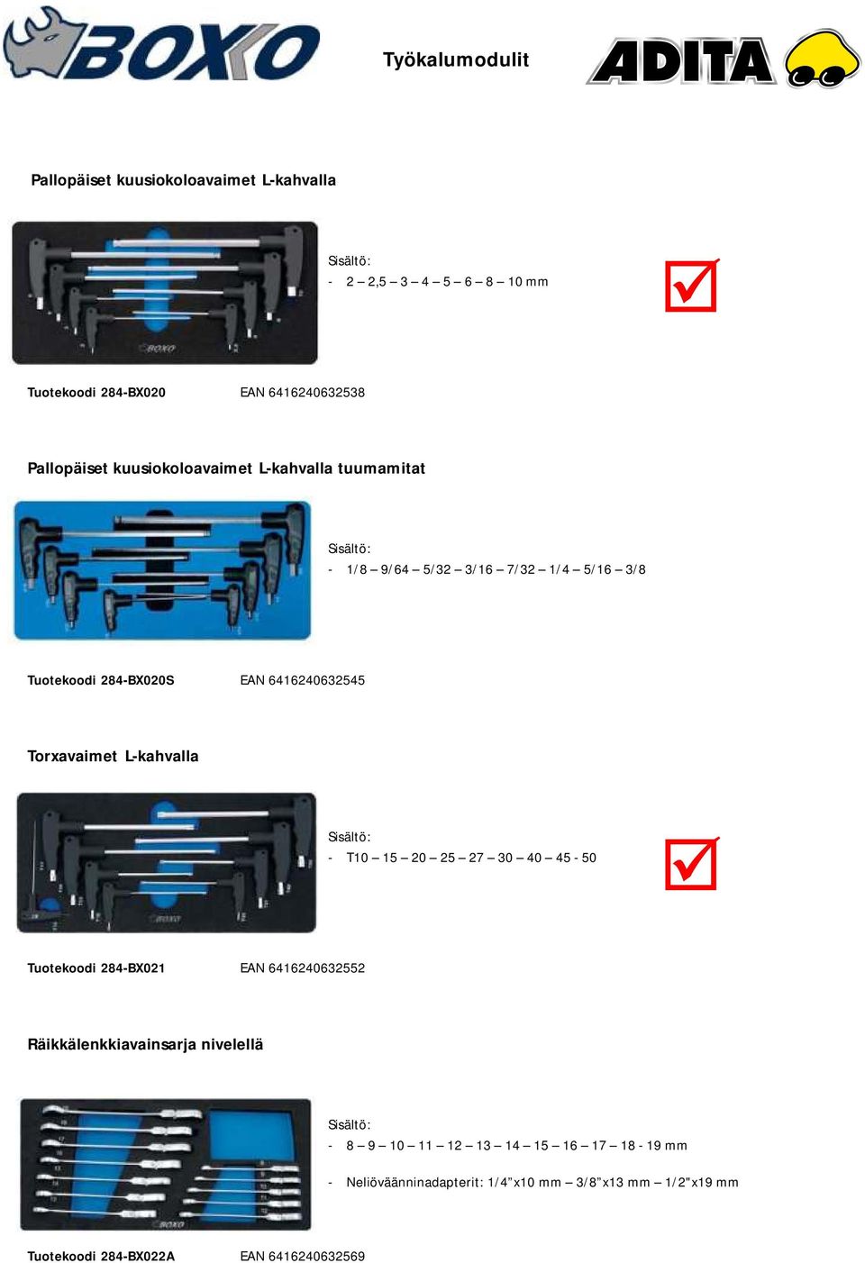 Torxavaimet L-kahvalla - T10 15 20 25 27 30 40 45-50 Tuotekoodi 284-BX021 EAN 6416240632552 Räikkälenkkiavainsarja