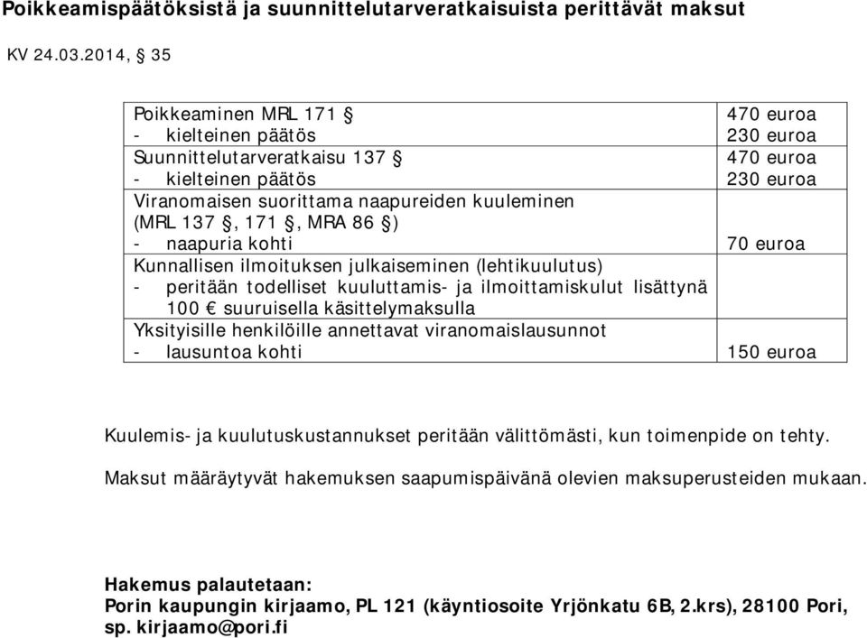 171, MRA 86 ) - naapuria kohti 70 euroa Kunnallisen ilmoituksen julkaiseminen (lehtikuulutus) - peritään todelliset kuuluttamis- ja ilmoittamiskulut lisättynä 100 suuruisella käsittelymaksulla