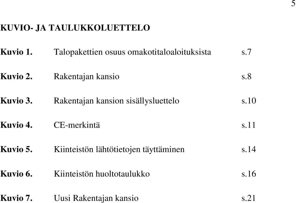 8 Kuvio 3. Rakentajan kansion sisällysluettelo s.10 Kuvio 4. CE-merkintä s.