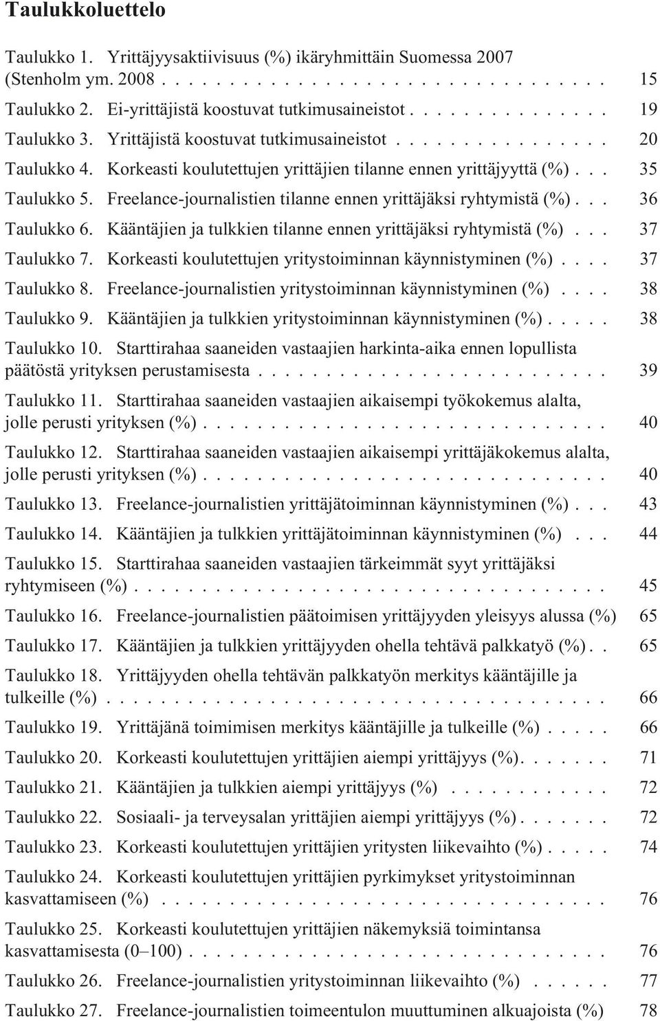 Freelance-journalistien tilanne ennen yrittäjäksi ryhtymistä (%)... 36 Taulukko 6. Kääntäjien ja tulkkien tilanne ennen yrittäjäksi ryhtymistä (%)... 37 Taulukko 7.