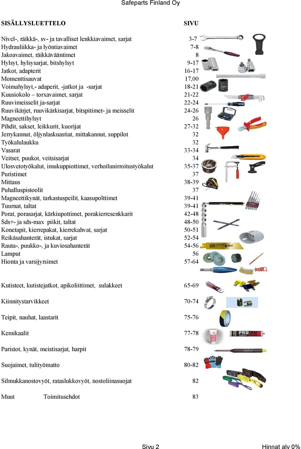 sakset, leikkurit, kuorijat Jerrykannut, öljynlaskuastiat, mittakannut, suppilot Työkalulaukku Vasarat Veitset, puukot, veitsisarjat Ulosvetotyökalut, imukuppiottimet, verhoilunirroitustyökalut