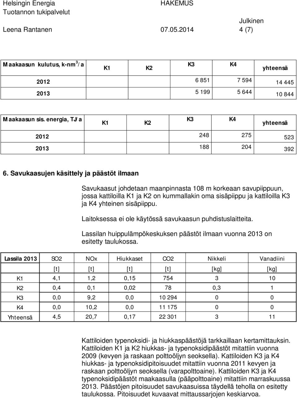 Laitoksessa ei ole käytössä savukaasun puhdistuslaitteita. Lassilan huippulämpökeskuksen päästöt ilmaan vuonna 2013 on esitetty taulukossa.