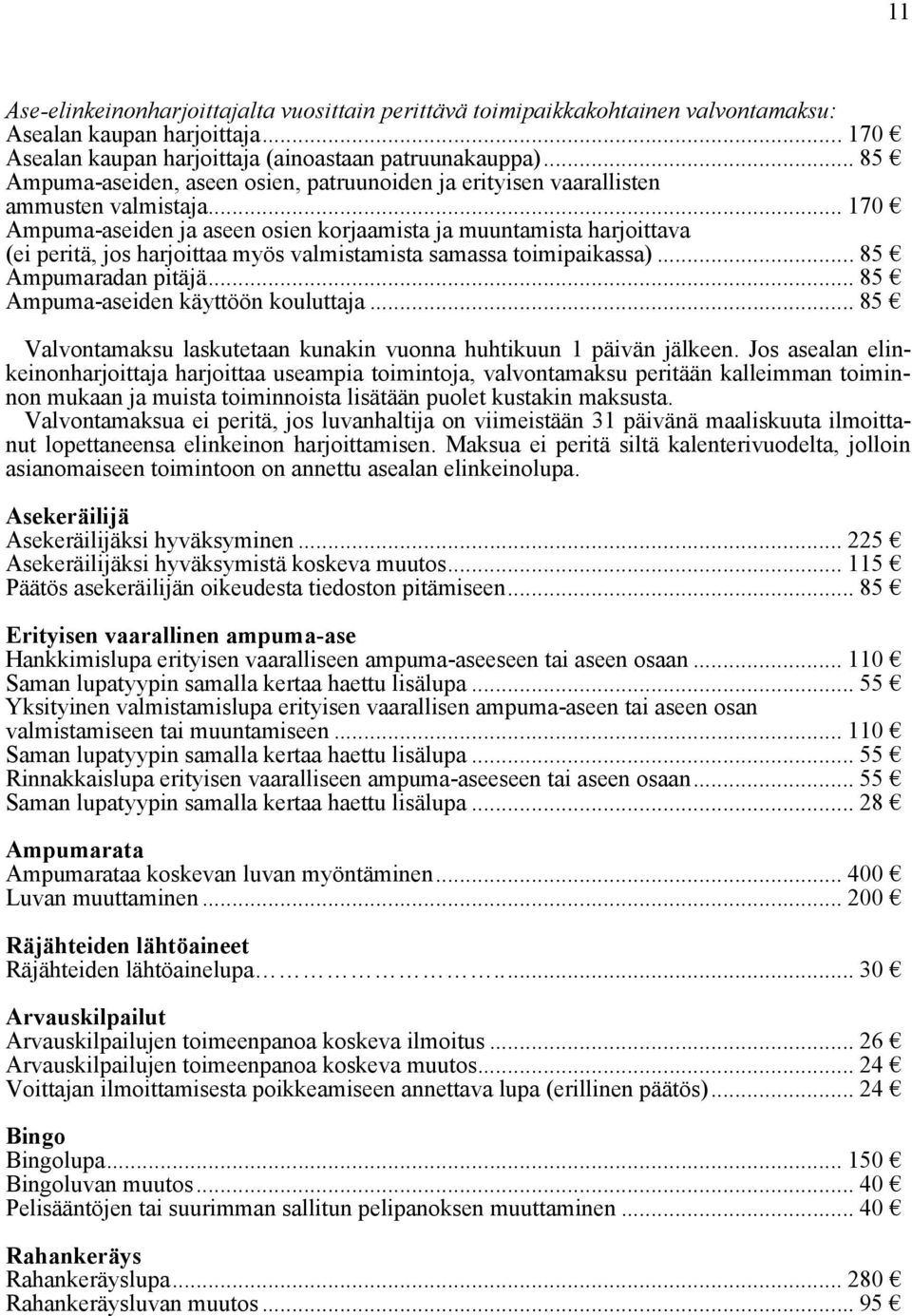 .. 170 Ampuma-aseiden ja aseen osien korjaamista ja muuntamista harjoittava (ei peritä, jos harjoittaa myös valmistamista samassa toimipaikassa)... 85 Ampumaradan pitäjä.